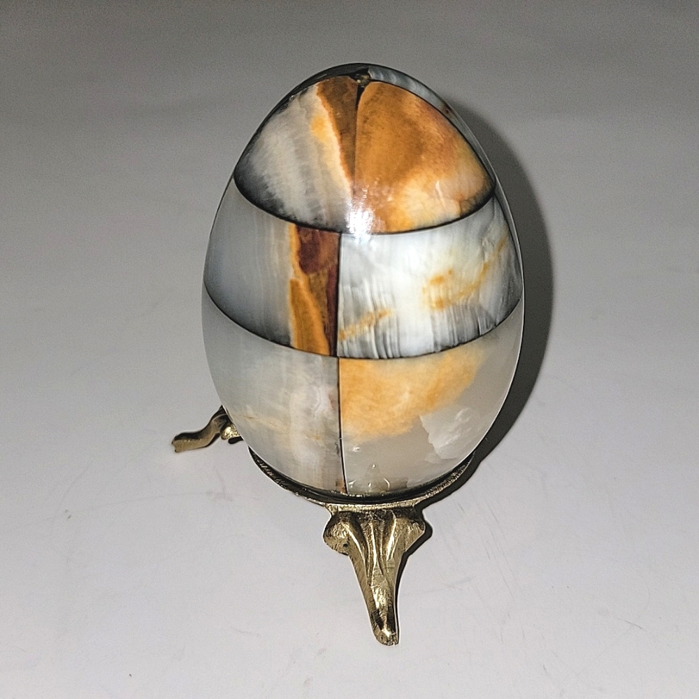 ONYX GRAY & TANISH-BROWN POLISHED EGG WITH BRASS STAND